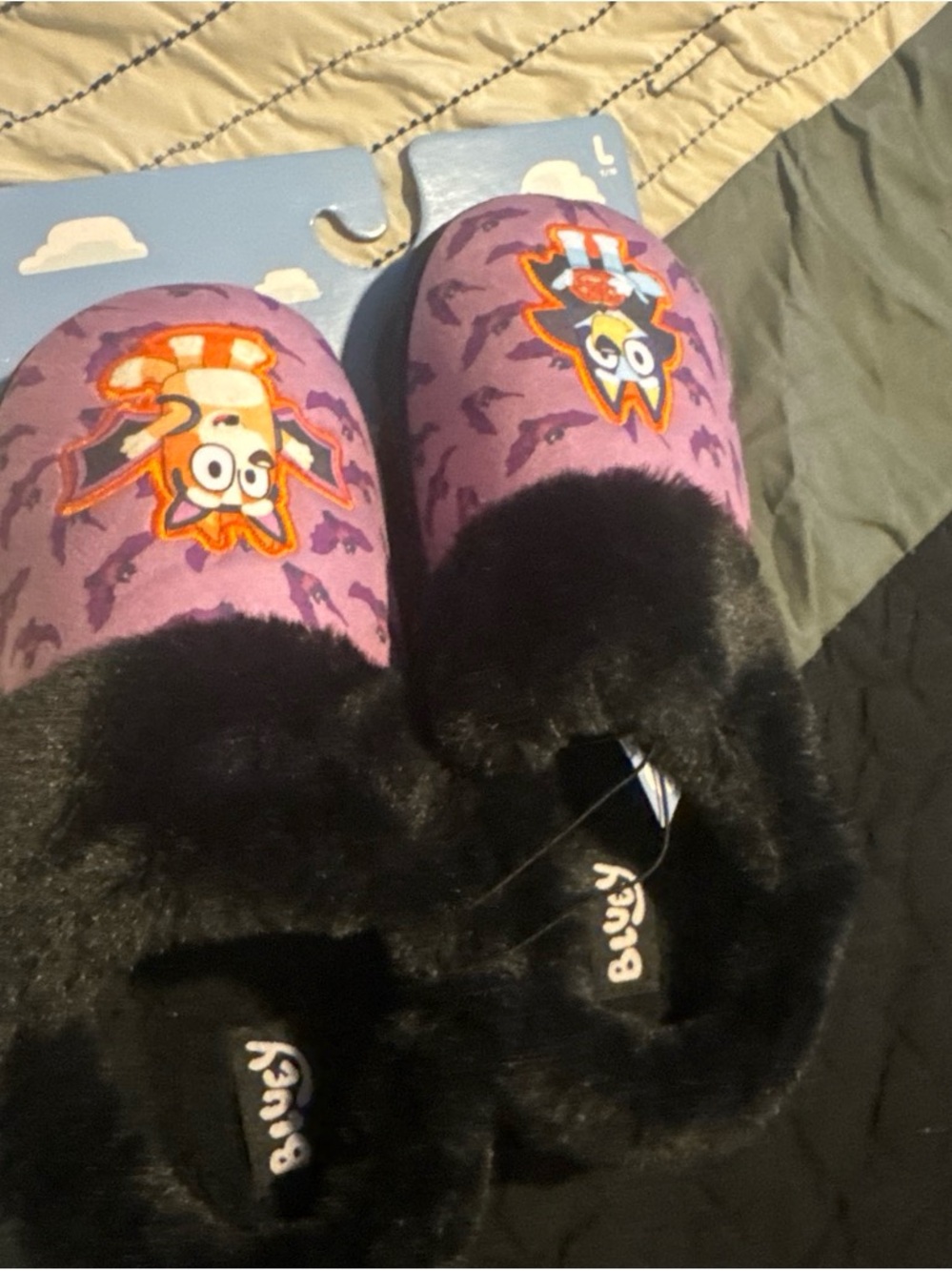 Purple Character adult Slippers with Black Faux Fur